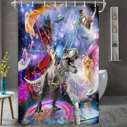 Funny Cat Riding Dinosaur Shower Curtain - Japanese Ocean Wave Design, Nautical Kids Children Rustic Wooden Farmhouse Style, 54X72 Inch, Purple