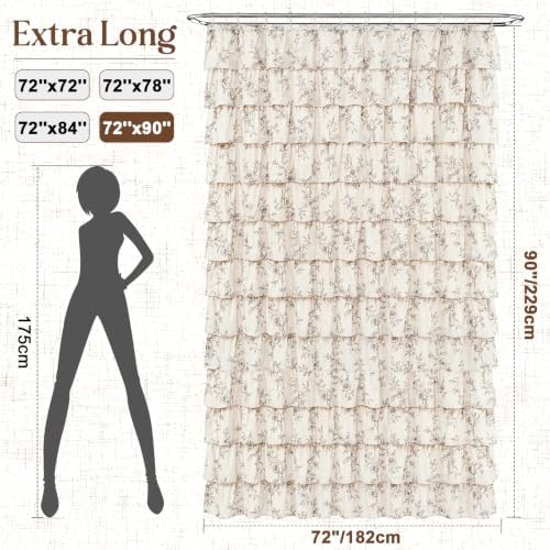 Yinhua Extra Long Farmhouse Ruffle Shower Curtain for Bathroom, 72" Wx90 L