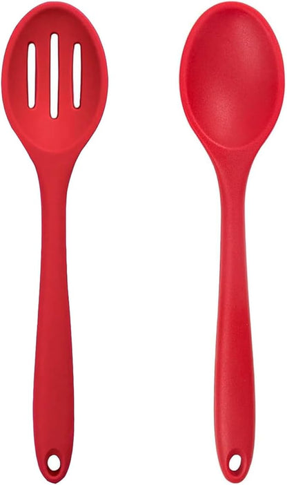 Silicone Cooking Spoons Set of 2,10.6 inch Non Scratch Solid and Slotted Spatula Spoons for Baking, Cooking, Serving, Dishwasher Safe, Heat Resistant Kitchen Utensils (Red)