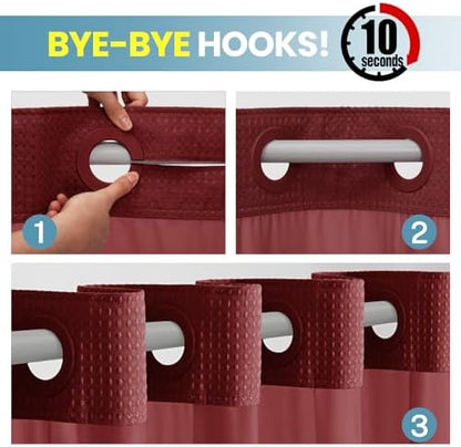 No Hook Waffle Shower Curtain with Snap in Liner Set, 71x74, Burgundy