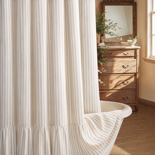 Farmhouse Shower Curtain Ruffle Linen White-Beige Stripe 72"W x 72"L