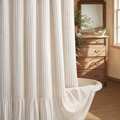 Farmhouse Shower Curtain Ruffle Linen White-Beige Stripe 72"W x 72"L