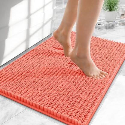OLANLY Thick Chenille Small Bathroom Rugs 24x16, Absorbent Bath Mat, Coral