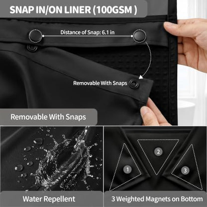Dynamene Black Hook Free Waffle Shower Curtain & Snap-in Fabric Liner,72x78