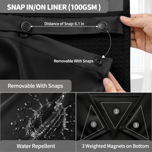 Dynamene Black Hook Free Waffle Shower Curtain & Snap-in Fabric Liner,60x87