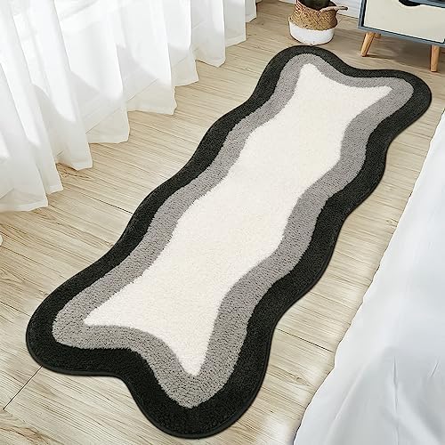 HAOCOO Microfiber Bathroom Runner Rug, 18x47 inch Non Slip Long Rug Runner, Washable Luxury Soft Absorbent Carpet Funny Decor for Shower Kitchen Entryway Bedroom Black/Grey