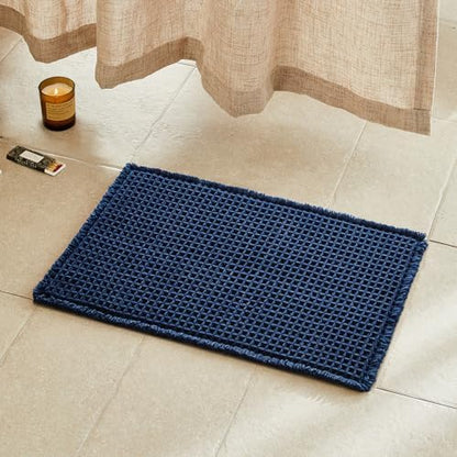 TYUU Waffle Bath Mat, Small Boho Bathroom Rugs Non Slip 24x16 Navy Blue