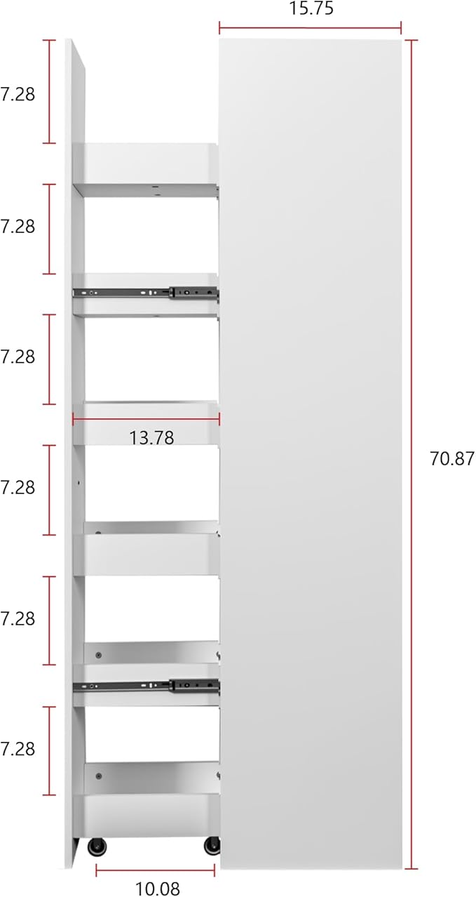 Slim Rolling Storage Cart, Pull Out Spice Rack, 6-Tier Rolling Pantry for Kitchen Fridge Gap & Laundry Room, Space-Saving Slide Out Utility Cabinet (White, with Side Panel)