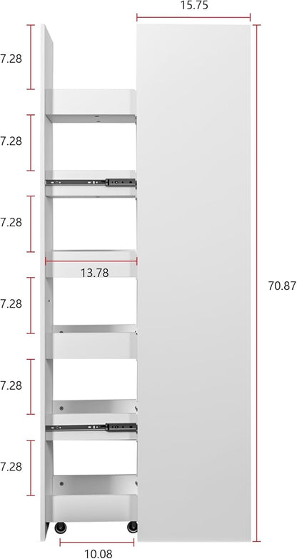 Slim Rolling Storage Cart, Pull Out Spice Rack, 6-Tier Rolling Pantry for Kitchen Fridge Gap & Laundry Room, Space-Saving Slide Out Utility Cabinet (White, with Side Panel)