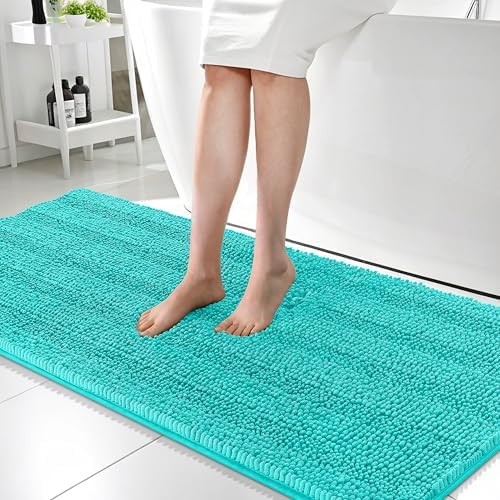 OLANLY Thick Bathroom Runner Rugs 59x24, Soft Chenille Long Bath Rugs, Teal