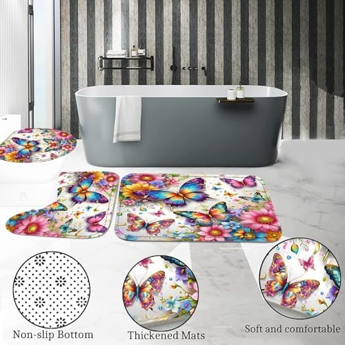 Chrainy 4pcs Colorful Butterfly Shower Cutain Set Bathroom Decor with Rugs