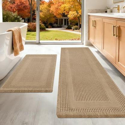 Upgraded Waffle Bath Mat Set 2 Piece Beige-Looped, Super Absorbent Non-Slip Quick Dry Bathroom Rugs with Tassels, Machine Washable Ultra Soft Boho Bath Rugs for Floor, Toilet Mats Boho Farmhouse Decor