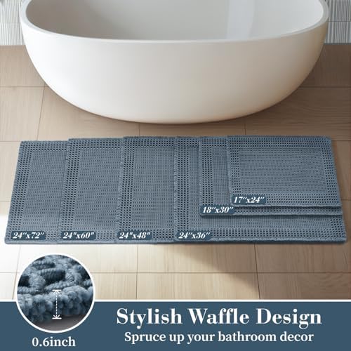RESARE Waffle Bathroom Runner Rugs, Non Slip Boho Bath Mat 24"x60" Blue