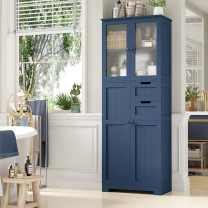 BOTLOG 67'' Tall Bathroom Storage Cabinet, Linen Cabinet with Glass Doors and Adjustable Shelves, Kitchen Pantry with 2 Drawers for Bathroom, Living Room, Dining Room, Blue
