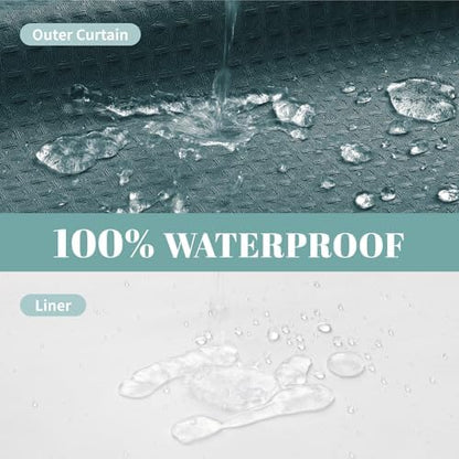 eachope SeawedGreen No Hook Waffle Weave Shower Curtain with snap-in Liner Replacement, 230GSM Waterproof Fabric Hotel Shower Curtain Set for Bathroom, Through Mesh Top Window,54Wx80H