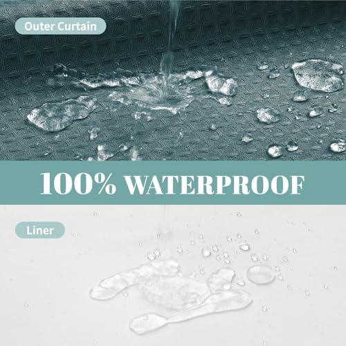 No Hook Waffle Shower Curtain with Snap-in Liner, 71x74 Inch, Seaweed Green