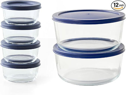 12-Piece Glass Food Storage Containers Set (6 Containers + 6 BPA-Free Lids) | 1-Cup & 6.5-Cup, Leakproof | Microwave, Freezer, Oven & Dishwasher Safe | Ideal for Meal Prep & Pantry Organization, Blue