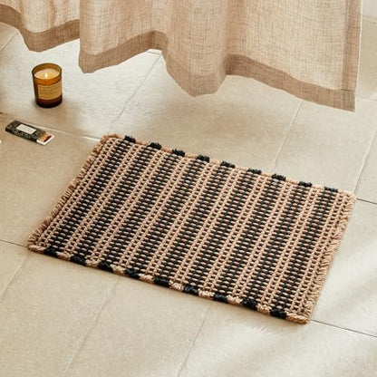 TYUU Waffle Bath Mat, Small Boho Bathroom Rugs Non Slip 24x16 Black & Khaki