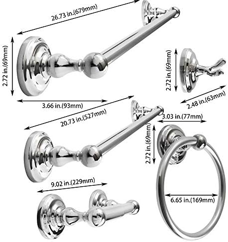 SENTO ROBIKI Bathroom Accessories Set, Bath Hardware, Includes Robe Hook, Toilet Paper Holder, Towel Ring, 18” & 24” Towel Bar, Duty Metal Bath Hardware Set Wall Mounted (5-Piece, Polished Chrome)