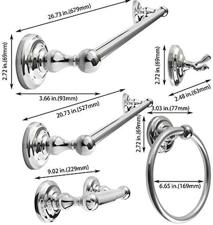 SENTO ROBIKI Bathroom Accessories Set, Bath Hardware, Includes Robe Hook, Toilet Paper Holder, Towel Ring, 18” & 24” Towel Bar, Duty Metal Bath Hardware Set Wall Mounted (5-Piece, Polished Chrome)