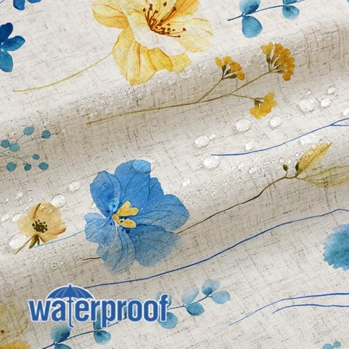 Gibelle BlueYellow Linen Watercolor Floral Fabric Shower Curtain, 72x72