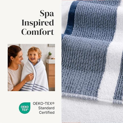 Modern Threads 6 Piece Bath Towel Set – Bathroom Towel Set with 2 Bath Towels, 2 Hand Towels & 2 Washcloths – 100% Cotton, Soft & Absorbent – Classic Border Stripe (Blue)
