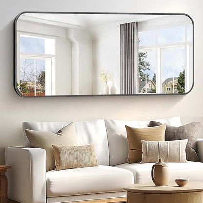 Bathroom Mirror, 60 x 30 inch Black Rectangle Wall Mirror, Metal Frame Rounded Corner Vanity Mirror, Large Wall Mounted Mirrors for Over Sink Bedroom Living Room Horizontal Or Vertical Mounting