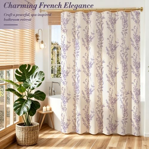 Purple Linen Farmhouse Shower Curtain, Boho Floral Bathroom 36x72