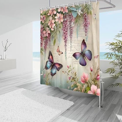 Chrainy 4pcs Spring Butterfly Shower Cutain Set Bathroom Decor with Rugs