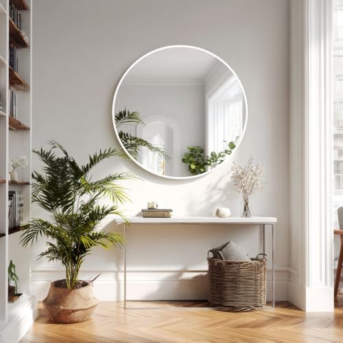 Sunniry White Circle Mirror 34 inch, Round Wall Mirror, Matte Metal Frame