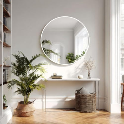 Sunniry White Circle Mirror 34 inch, Round Wall Mirror, Matte Metal Frame