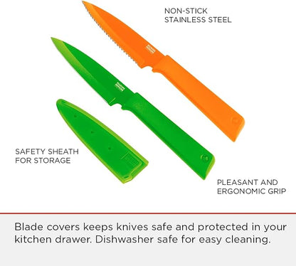 Kuhn Rikon COLORI+ Non-Stick Straight and Serrated Paring Knives with Safety Sheaths, Set of 2, Orange and Green