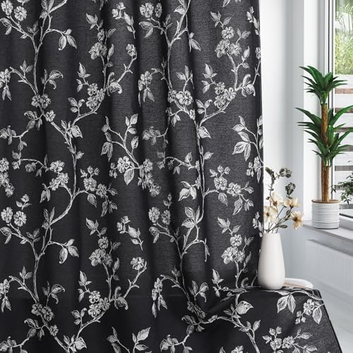MitoVilla Black White Cotton Floral Shower Curtain for Bathroom, 72 x 72