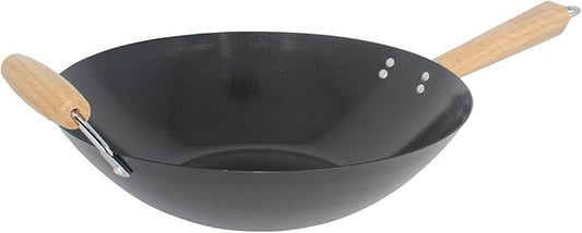 IMUSA 14 inch Carbon Steel Nonstick Wok with Wood Handles - Flat Bottom Wok Pan for Stir Fry, Fried Rice, Asian Cooking and Healthy Meal Preparation - Black Coating