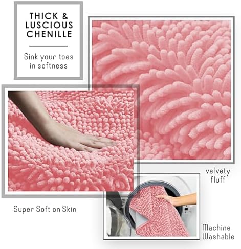 Hearth & Harbor Bathroom Rugs, Chenille Bath Mat - Machine Washable Bath Mats for Bathroom Non-Slip Backing Rubber, Quick Dry Bathroom Mat, 26 x 44 - Pink