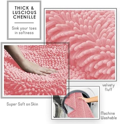 Hearth & Harbor Bathroom Rugs, Chenille Bath Mat - Machine Washable Bath Mats for Bathroom Non-Slip Backing Rubber, Quick Dry Bathroom Mat, 26 x 44 - Pink