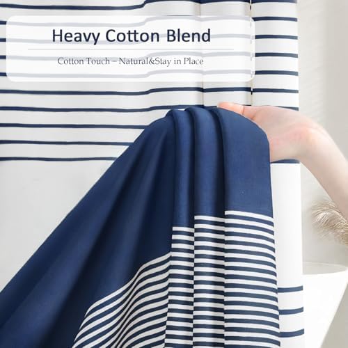Navy Blue Coastal Ocean Cotton Striped Shower Curtain with Tassel 72W X 78L