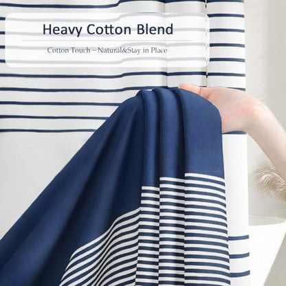 Navy Blue Coastal Ocean Cotton Striped Shower Curtain with Tassel 72W X 72L