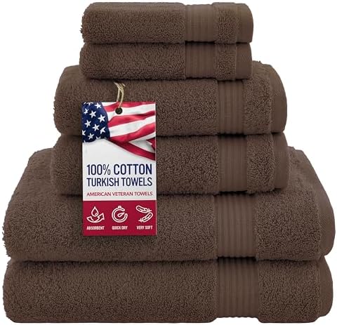 American Veteran Towel, 100% Cotton Turkish 6 Piece Towel Set, Luxury Towels Set of 6 for Bathroom Essentials, 2 Bath Towels 2 Hand Towels 2 Washcloths, Brown