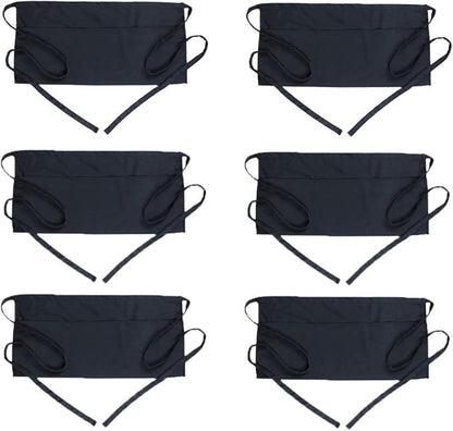 BOHARERS 6 Pack Server Apron with 3 Pockets Black Waitress Aprons Half Waiter Bistro Apron Waist Aprons Waterproof