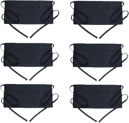 BOHARERS 6 Pack Server Apron with 3 Pockets Black Waitress Aprons Half Waiter Bistro Apron Waist Aprons Waterproof