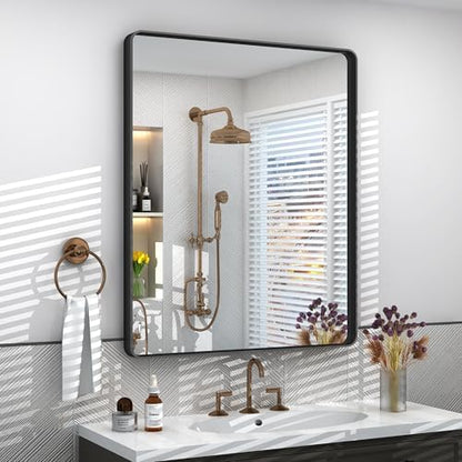 24x32 Inch Black Framed Bathroom Mirror for Wall, Matte Black Metal Wall Mirror, Black Rectangle Vanity Mirror, Tempered Glass, Anti-Rust, Hangs Vertically or Horizontally