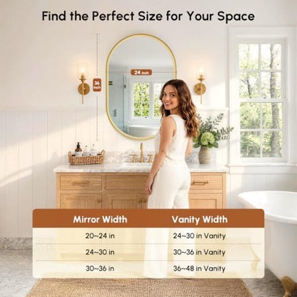 USHOWER Brushed Gold Pill Oval Mirror for Bathroom 24x36 Inch