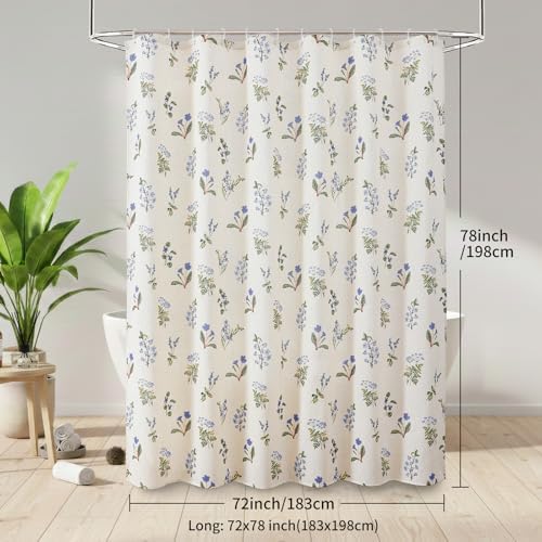 Colorful Star Farmhouse Blue Floral Linen Shower Curtain, 72" W x 78" L