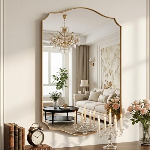 Gold Vanity Wall Mirror 30"x22", Scalloped Edge Bathroom Mirror