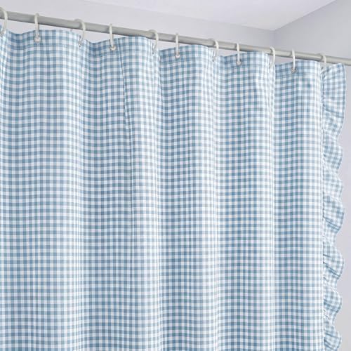 HunnmingRe Ruffled Gingham Shower Curtain Light Blue