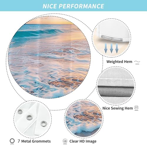 Ocean Beach Coastal Nautical Summer Sunset Small Stall RV Half Size Shower Curtain for Bathroom 39W*72H Inch Seaside Seacoast Beachy Waves Bathtub Decor Seascape Neutral Waterproof Polyester Fabric