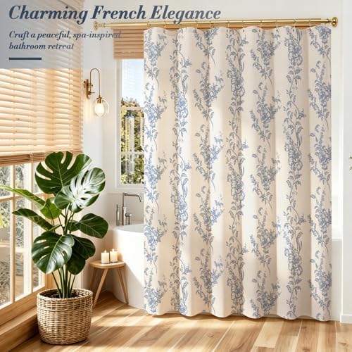 Blue Linen Farmhouse Shower Curtain, Boho Floral Bathroom 72x78