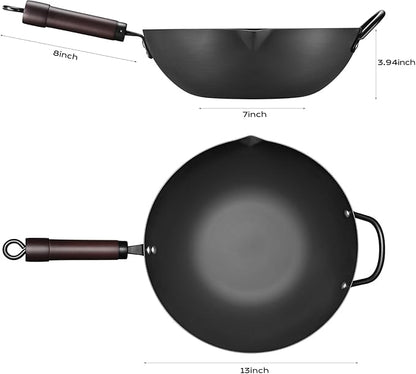 Wok, 13 Inch carbon steel woks & stir-fry pans nonstick, Pre-Seasoned 5.8QT Flat Bottom Chinese Wok Paella Pan with lid, Carbon Steel Cookware, Compatible with All Cooktops