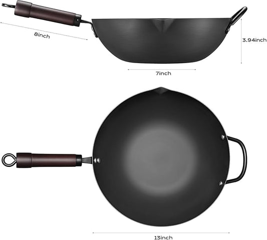 Wok, 13 Inch carbon steel woks & stir-fry pans nonstick, Pre-Seasoned 5.8QT Flat Bottom Chinese Wok Paella Pan with lid, Carbon Steel Cookware, Compatible with All Cooktops